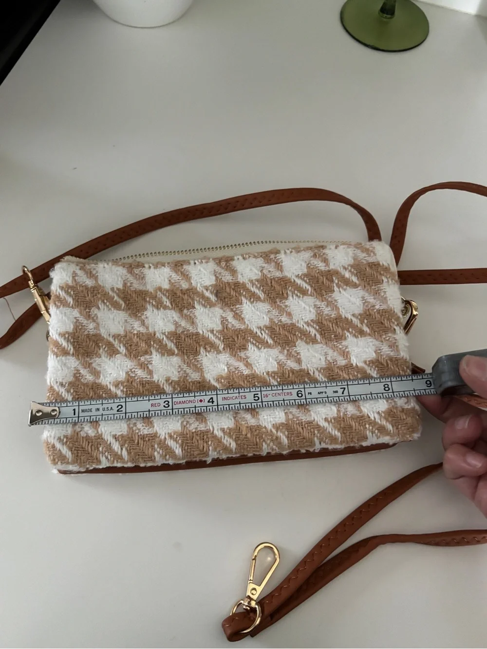 Woven Beige and White Houndstooth Crossbody Bag with Tan Strap